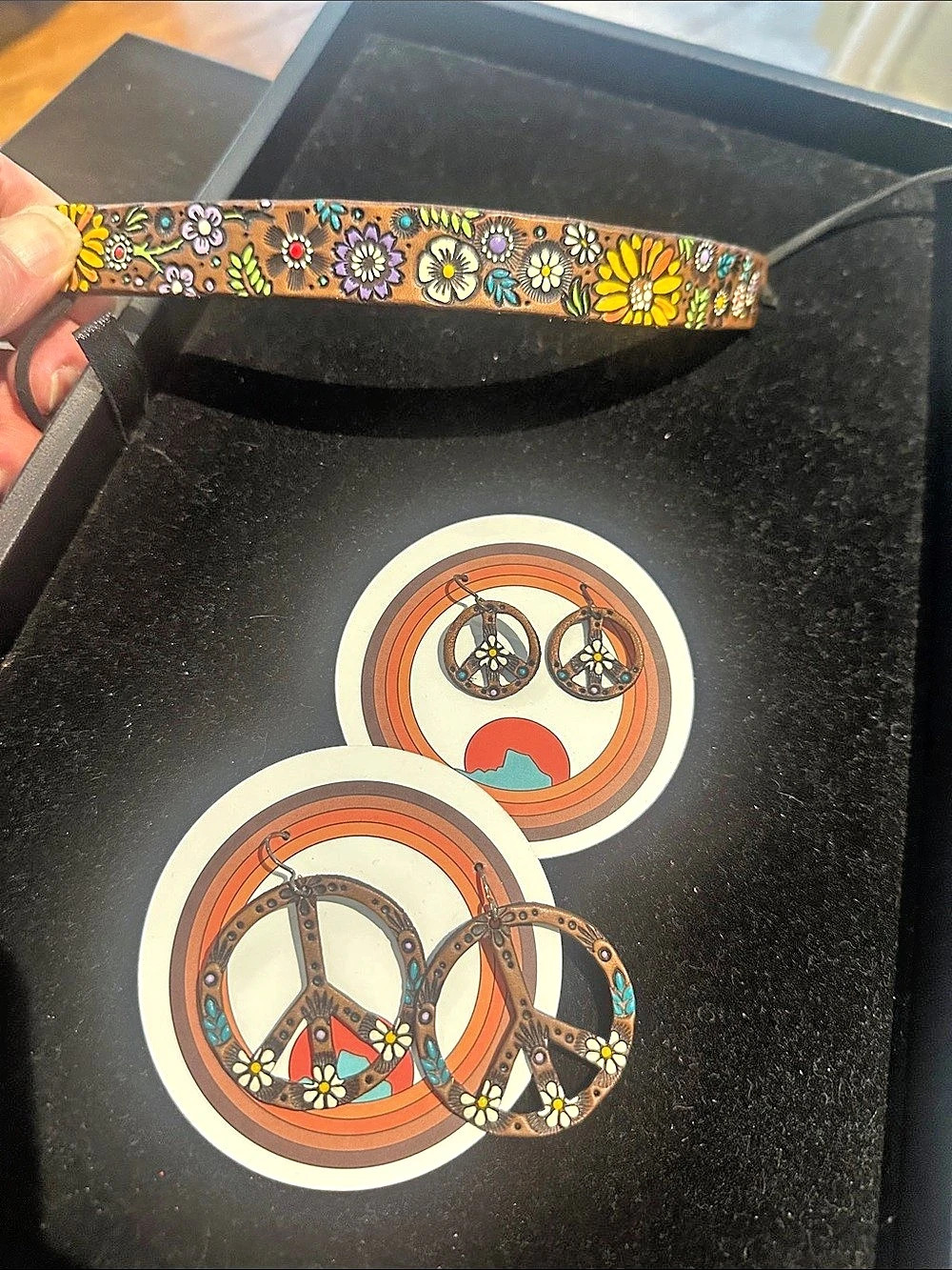 Hippie Boho Leather choker and peace earrings set